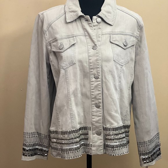 Chico's Other - Chico's Platinum Collection, Gray Denim Jacket Beaded Rhinestones Sequins Size 2
